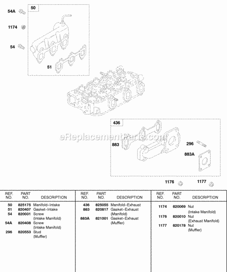 Exhaust Manifold Intake Manifold Diagram and Parts List for 432447-0105-E2  Briggs and Stratton Engine